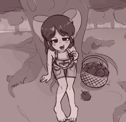 Size: 1467x1414 | Tagged: questionable, artist:ratiodaze, apple bloom, adorabloom, apple, apple basket, apple tree, banned from derpibooru, barefoot, basket, blushing, braless, breasts, clothes, cute, delicious flat chest, feet, female, food, human, humanized, imported from twibooru, lolicon, looking at you, monochrome, naked overalls, nipples, no underwear, nudity, overalls, small breasts, tree, underage, wingding eyes