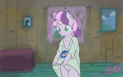 Size: 1366x860 | Tagged: explicit, artist:zlatdesign, sweetie belle, adorable face, animated, anthro, banned from derpibooru, blushing, bottomless, breasts, child, clothes, colored, cute, cute porn, delicious flat chest, female, gif, hand, horn, imported from twibooru, lolicon, no panties, nudity, pussy peek, shirt, shirt lift, small breasts, thighs, underage, unicorn, vulva, younger