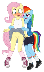 Size: 1300x2100 | Tagged: explicit, artist:deserter, artist:tolpain, fluttershy, rainbow dash, alternate version, anthro, banned from derpibooru, clothes, embarrassed, embarrassed nude exposure, female, females only, imported from twibooru, lolicon, nudity, plantigrade anthro, simple background, transparent background, underage, underwear, vulva
