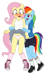 Size: 1300x2100 | Tagged: suggestive, artist:deserter, artist:tolpain, fluttershy, rainbow dash, alternate version, anthro, banned from derpibooru, clothes, embarrassed, embarrassed underwear exposure, female, females only, imported from twibooru, lolicon, plantigrade anthro, simple background, transparent background, underage, underwear