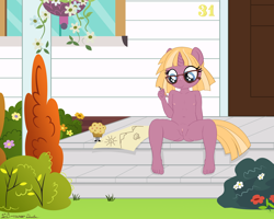 Size: 2128x1706 | Tagged: explicit, artist:an-m, artist:deserter, artist:tolpain, oc, oc:butter berry, anthro, banned from derpibooru, barefoot, belly button, breasts, child, delicious flat chest, drawing, exhibitionism, feet, female, food, garden, imported from twibooru, lolicon, muffin, outdoors, plantigrade anthro, porch, public nudity, small breasts, underage