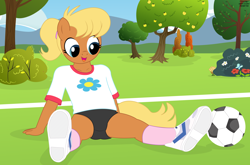 Size: 4428x2920 | Tagged: suggestive, artist:tolpain, anthro, banned from derpibooru, child, clothes, female, food, football, imported from twibooru, lolicon, ms. harshwhinny, muffin, outdoors, panties, plantigrade anthro, skirt, sports, underage, underwear, upskirt, younger