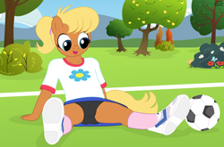 Size: 4428x2920 | Tagged: suggestive, artist:tolpain, anthro, banned from derpibooru, child, clothes, female, food, football, imported from twibooru, lolicon, ms. harshwhinny, muffin, outdoors, panties, plantigrade anthro, skirt, sports, underage, underwear, upskirt, younger