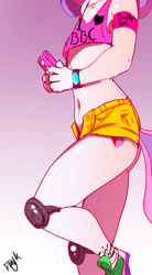 Size: 485x880 | Tagged: suggestive, artist:dragk, sweetie belle, anthro, arm band, banned from derpibooru, belly button, breasts, cellphone, clothes, cutie mark, daisy dukes, delicious flat chest, female, flatie belle, imported from twibooru, knee pads, lolicon, open fly, phone, shoes, shorts, skimpy, skimpy outfit, smartphone, sneakers, solo, sports bra, tattoo, underage