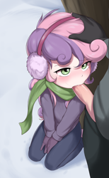 Size: 2305x3750 | Tagged: explicit, artist:pestil, sweetie belle, age difference, banned from derpibooru, blowjob, clothes, earmuffs, female, gloves, head pat, human, human coloration, human penis, humanized, imported from twibooru, kneeling, lolicon, male, nudity, oral, outdoor sex, outdoors, pants, pat, penis, scarf, sex, snow, straight, sweater, underage