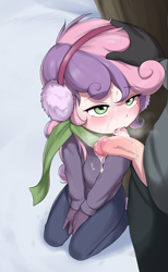 Size: 2305x3750 | Tagged: explicit, artist:pestil, sweetie belle, age difference, banned from derpibooru, bedroom eyes, blowjob, breath, clothes, cum, earmuffs, facial, female, glazed dick, gloves, head pat, human, human penis, humanized, imported from twibooru, kneeling, licking, licking cock, lolicon, male, nudity, open mouth, oral, outdoor sex, outdoors, pants, pat, paywalled source, penis, scarf, sex, snow, straight, sweater, tongue out, underage