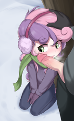Size: 2305x3750 | Tagged: explicit, artist:pestil, sweetie belle, age difference, banned from derpibooru, breath, clothes, earmuffs, eyes on the prize, female, gloves, head pat, human, human penis, humanized, imported from twibooru, kneeling, lolicon, male, nudity, outdoor sex, outdoors, pants, pat, paywalled source, penis, scarf, sex, snow, straight, sweat, sweatdrop, sweater, underage