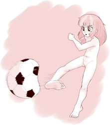 Size: 1355x1531 | Tagged: explicit, artist:crade, banned from derpibooru, belly button, casual nudity, complete nudity, feet, female, football, human, humanized, imported from twibooru, lolicon, nudity, simple background, sketch, soccer ball (object), solo, solo female, sports, underage, vagina, wind sprint