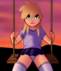 Size: 718x831 | Tagged: suggestive, artist:boreas, banned from derpibooru, child, clothes, dinky hooves, female, human, humanized, imported from twibooru, lolicon, skirt, solo, swing, underage, underwear, upskirt