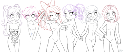 Size: 6268x2647 | Tagged: explicit, artist:uotapo, apple bloom, babs seed, diamond tiara, scootaloo, silver spoon, sweetie belle, banned from derpibooru, breasts, butt, cutie mark crusaders, delicious flat chest, doll, equestria girls, female, gabby, human, humanized, imported from twibooru, lolicon, looking at you, monochrome, nudity, one eye closed, peace sign, simple background, sketch, small breasts, toy, underage, white background, wink