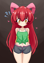 Size: 2480x3507 | Tagged: safe, artist:jennifermabel, apple bloom, adorabloom, banned from derpibooru, blushing, clothes, cute, female, heart, human, humanized, imported from twibooru, lolicon, question mark, shorts, underage