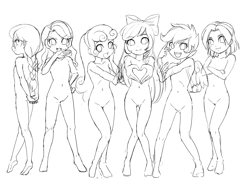 Size: 5115x3780 | Tagged: explicit, artist:uotapo, apple bloom, babs seed, diamond tiara, scootaloo, silver spoon, sweetie belle, banned from derpibooru, breasts, delicious flat chest, female, human, humanized, imported from twibooru, lolicon, looking at you, monochrome, nudity, simple background, sketch, small breasts, underage, white background, winged humanization, wings