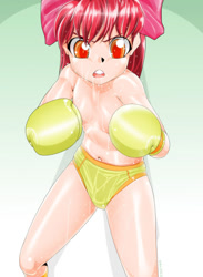 Size: 704x960 | Tagged: suggestive, artist:pugilismx, apple bloom, banned from derpibooru, boxing gloves, boxing shorts, clothes, female, human, humanized, imported from twibooru, lolicon, partial nudity, solo, topless, underage