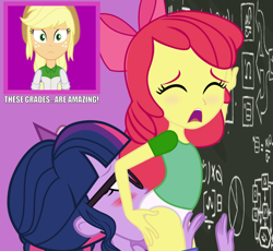 Size: 846x778 | Tagged: explicit, artist:cheesepuffs, apple bloom, applejack, twilight sparkle, age difference, analingus, banned from derpibooru, blushing, chalkboard, clothes, equation, equestria girls, female, glasses, imported from twibooru, lesbian, lolicon, open mouth, oral, panties, sci-twi, sex, shipping, shirt, twibloom, underage, underwear
