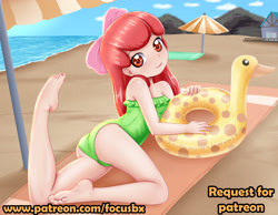 Size: 3189x2480 | Tagged: safe, artist:focusb, apple bloom, banned from derpibooru, beach, beach towel, clothes, female, floaty, human, human coloration, humanized, imported from twibooru, lolicon, looking at you, one-piece swimsuit, parasol (umbrella), smiling, solo, swimsuit, towel, underage