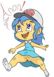 Size: 1000x1414 | Tagged: explicit, artist:happy harvey, oc, oc:little league, banned from derpibooru, bottomless, clothes, colored, colored pupils, dimples, drawn on phone, dress, equestria girls, equestria girls-ified, female, hat, heart eyes, imported from twibooru, lolicon, looking up, no panties, nudity, oc only, partial nudity, running, simple background, skirt, smiling, socks, solo, solo female, transparent background, underage, upskirt, vulva, wingding eyes