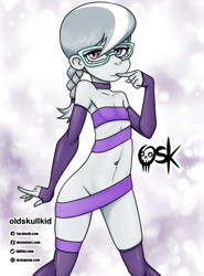 Size: 1150x1550 | Tagged: suggestive, artist:oldskullkid, silver spoon, banned from derpibooru, child, choker, clothes, equestria girls, evening gloves, female, fingerless gloves, glasses, gloves, imported from twibooru, latex, latex gloves, latex stockings, lolicon, long gloves, signature, solo, solo female, stockings, thigh highs, underage, url, young