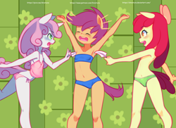 Size: 1584x1152 | Tagged: suggestive, artist:drantyno, apple bloom, scootaloo, sweetie belle, abstract background, alternate version, anthro, armpits, banned from derpibooru, belly button, blue underwear, blushing, bra, breasts, camisole, child, clothes, cutie mark crusaders, delicious flat chest, earth pony, equestria girls, eyes closed, feather, female, flatie belle, flattle bloom, green underwear, imported from twibooru, laughing, lolicon, midriff, nudity, open mouth, panties, partial nudity, pegasus, pink underwear, ponied up, raised leg, scootaflat, smiling, tanktop, tickling, topless, underage, underwear, unicorn