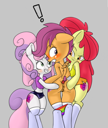 Size: 1221x1452 | Tagged: explicit, artist:velenor, apple bloom, scootaloo, sweetie belle, anthro, anus, ass, banned from derpibooru, blushing, butt, cutie mark crusaders, earth pony, female, imported from twibooru, lolicon, nudity, pegasus, scootabutt, semi-anthro, sex toy, simple background, underage, unguligrade anthro, unicorn, vulva