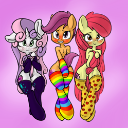 Size: 1471x1474 | Tagged: suggestive, artist:velenor, apple bloom, scootaloo, sweetie belle, anthro, banned from derpibooru, blushing, clothes, cutie mark crusaders, earth pony, female, imported from twibooru, lolicon, pegasus, semi-anthro, simple background, socks, underage, unguligrade anthro, unicorn