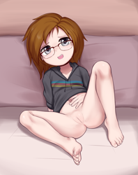 Size: 2165x2728 | Tagged: explicit, artist:pestil, oc, oc:fearingfun, banned from derpibooru, bottomless, clothes, female, glasses, human, humanized, imported from twibooru, lolicon, nudity, oc only, partial nudity, rule 63, spread legs, spreading, underage, vulva
