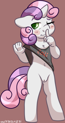 Size: 847x1606 | Tagged: explicit, artist:walpurgie, sweetie belle, anthro, banned from derpibooru, belly button, blushing, bottomless, clothes, female, imported from twibooru, lolicon, nudity, one eye closed, partial nudity, shirt, shirt lift, solo, solo female, underage, unguligrade anthro, unicorn, vulva, wink