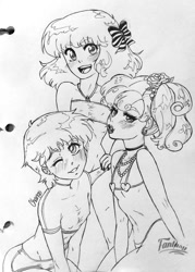 Size: 571x799 | Tagged: suggestive, artist:chango-tan, apple bloom, scootaloo, sweetie belle, banned from derpibooru, clothes, cutie mark crusaders, female, human, humanized, imported from twibooru, lineart, lingerie, lolicon, makeup, sketch, underage