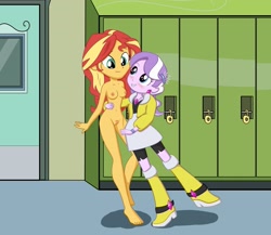 Size: 2927x2545 | Tagged: explicit, artist:durdevul, diamond tiara, banned from derpibooru, belly button, blushing, breasts, carpet matches the drapes, casual nudity, clothed female nude female, equestria girls, exhibitionism, female, firecrotch, g4, high res, human, imported from twibooru, lolicon, nipples, nudism, nudist, nudist sunset shimmer, nudity, older, pink nipples, pubic hair, public nudity, sunset shimmer, underage