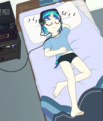 Size: 1200x1400 | Tagged: questionable, artist:deserter, amplifier, anthro, banned from derpibooru, bed, bedroom, boyshorts, cameltoe, carpet, cd player, clothes, eyes closed, female, headphones, imported from twibooru, laying on bed, lolicon, lying down, messy bed, music notes, nightstand, on bed, panties, plantigrade anthro, relaxing, shirt, underage, underwear, unicorn, vinyl scratch, younger