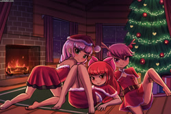 Size: 1125x750 | Tagged: suggestive, artist:lumineko, apple bloom, scootaloo, sweetie belle, banned from derpibooru, blushing, christmas, christmas tree, clothes, costume, cutie mark crusaders, female, fireplace, holiday, human, humanized, imported from twibooru, lolicon, santa costume, tongue out, tree, underage
