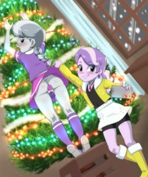 Size: 1077x1280 | Tagged: explicit, artist:the-dark-mangaka, diamond tiara, silver spoon, ass, banned from derpibooru, blushing, butt, christmas, christmas tree, equestria girls, female, holiday, imported from twibooru, lolicon, phone, sex toy, silverbutt, snow, tree, underage