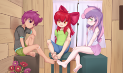 Size: 4974x2958 | Tagged: suggestive, artist:pestil, apple bloom, scootaloo, sweetie belle, bandage, banned from derpibooru, barefoot, blushing, clothes, clubhouse, crusaders clubhouse, cutie mark crusaders, embarrassed, equestria girls outfit, feet, female, females only, fetish, foot fetish, footsie, grin, high res, human, humanized, imported from twibooru, lolicon, paywalled source, smiling, stool, tanktop, underage