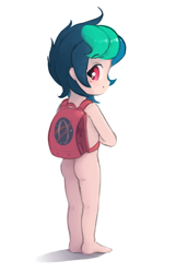 Size: 1157x1792 | Tagged: suggestive, artist:parfait, oc, oc:apogee, ass, backpack, banned from derpibooru, butt, female, human, humanized, imported from twibooru, lolicon, nudity, oc only, simple background, solo, solo female, underage, white background