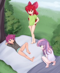 Size: 1689x2064 | Tagged: explicit, artist:pestil, apple bloom, scootaloo, sweetie belle, banned from derpibooru, bottomless, casual nudity, clothes, cutie mark crusaders, female, human, humanized, imported from twibooru, lolicon, nudity, outdoors, partial nudity, underage