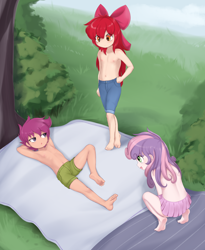 Size: 1689x2064 | Tagged: questionable, artist:pestil, apple bloom, scootaloo, sweetie belle, banned from derpibooru, breasts, casual nudity, clothes, cutie mark crusaders, delicious flat chest, female, human, humanized, imported from twibooru, lolicon, nipples, nudity, outdoors, partial nudity, small breasts, topless, underage
