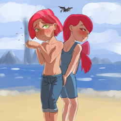 Size: 2500x2500 | Tagged: suggestive, artist:crade, apple bloom, babs seed, banned from derpibooru, beach, blushing, butt grab, butt touch, clothes, female, grope, human, humanized, imported from twibooru, lolicon, looking at you, male swimwear challenge, nudity, partial nudity, tomboy, topless, underage