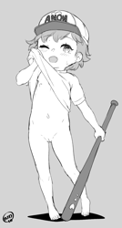 Size: 758x1416 | Tagged: explicit, artist:born-to-die, oc, oc:little league, banned from derpibooru, baseball bat, baseball cap, belly button, cap, child, clothes, female, grayscale, hat, human, humanized, imported from twibooru, lolicon, looking at you, monochrome, nipples, nudity, oc only, solo, underage, vulva