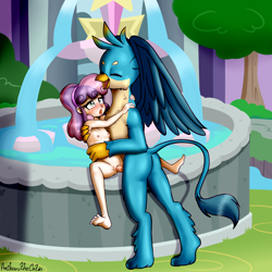 Size: 3500x3500 | Tagged: explicit, artist:anibaruthecat, sweetie belle, banned from derpibooru, breasts, delicious flat chest, equestria girls, exhibitionism, face to face, female, fountain, gallbelle, gallus, griffon, hug, human, human coloration, humanized, imported from twibooru, interspecies, larger male, lolicon, male, nipples, nudity, outdoor sex, outdoors, penetration, penis, public nudity, public sex, sex, shipping, size difference, straight, underage, vaginal, vaginal secretions