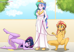 Size: 1023x724 | Tagged: explicit, artist:the-dark-mangaka, princess celestia, twilight sparkle, banned from derpibooru, barefoot, blushing, breasts, collar, domlestia, equestria girls, feet, female, femdom, femsub, fetish, imported from twibooru, leash, lolicon, nudity, pet play, pettwi, pissing, sci-twi, submissive, subset, sunset shimmer, twisub, underage, urine, vagina, watersports, younger