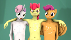 Size: 1920x1080 | Tagged: explicit, artist:senthaurekmern, apple bloom, scootaloo, sweetie belle, 3d, anthro, banned from derpibooru, breasts, cum, cutie mark crusaders, delicious flat chest, earth pony, female, imported from twibooru, lolicon, pegasus, small breasts, source filmmaker, underage, unicorn