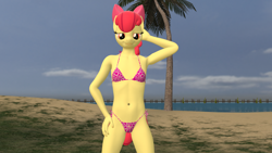 Size: 1920x1080 | Tagged: suggestive, artist:papadragon69, apple bloom, anthro, armpits, banned from derpibooru, belly button, bikini, clothes, earth pony, female, imported from twibooru, lolicon, panties, sexy, solo, swimsuit, underage, underwear