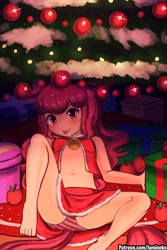 Size: 1280x1920 | Tagged: suggestive, artist:lumineko, apple bloom, adorabloom, apple, banned from derpibooru, bell, belly button, blushing, christmas, christmas tree, clothes, cute, eared humanization, female, food, holiday, human, humanized, imported from twibooru, lolicon, looking at you, panties, present, solo, spread legs, spreading, tail, tailed humanization, tongue out, tree, underage, underwear
