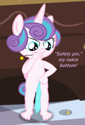 Size: 883x1297 | Tagged: suggestive, artist:papadragon69, princess flurry heart, alicorn, anthro, baby, babycon, banned from derpibooru, diaper, female, getting dressed, imported from twibooru, lolicon, naked flurry heart, nudity, ouch, pain star, plantigrade anthro, safety pin, solo, solo female, thumb sucking, toddlercon, underage