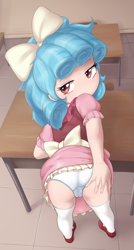 Size: 934x1748 | Tagged: suggestive, artist:pestil, banned from derpibooru, bent over, clothes, cozy glow, desk, dress, female, human, humanized, imported from twibooru, lolicon, looking back, panties, presenting, solo, underage, underwear
