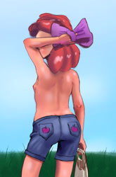 Size: 1915x2903 | Tagged: questionable, artist:hexado, apple bloom, ass, banned from derpibooru, bloom butt, bow, breasts, butt, clothes, delicious flat chest, female, hot, human, humanized, imported from twibooru, lolicon, nipples, nudity, partial nudity, shorts, small breasts, solo, sweat, underage