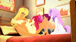 Size: 1920x1080 | Tagged: explicit, artist:脉脉子, apple bloom, applejack, scootaloo, sweetie belle, 3d, banned from derpibooru, breastfeeding, cutie mark crusaders, equestria girls, female, imported from twibooru, incest, lesbian, lolicon, nudity, shipping, suckling, underage