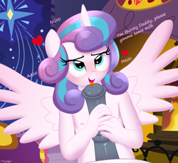 Size: 3838x3513 | Tagged: explicit, artist:tolpain, princess flurry heart, shining armor, alicorn, anthro, banned from derpibooru, bedroom, bedroom eyes, blushing, dialogue, erection, female, flurryarmor, handjob, horsecock, imported from twibooru, incest, infidelity, licking, licking cock, lolicon, male, nudity, oral, penis, plantigrade anthro, sex, shipping, straight, tongue out, underage