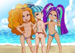 Size: 4093x2894 | Tagged: questionable, artist:the-dark-mangaka, adagio dazzle, aria blaze, sonata dusk, banned from derpibooru, bikini, cameltoe, child, clothes, edit, equestria girls, female, females only, human edit, imported from twibooru, lolicon, nipples, nudity, partial nudity, sonata donk, swimsuit, the dazzlings, topless, trio, trio female, underage, young, younger