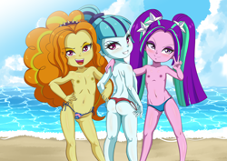 Size: 4093x2894 | Tagged: questionable, artist:the-dark-mangaka, adagio dazzle, aria blaze, sonata dusk, banned from derpibooru, bikini, child, clothes, equestria girls, female, imported from twibooru, lolicon, nipples, nudity, partial nudity, sonata donk, swimsuit, the dazzlings, topless, underage, young, younger