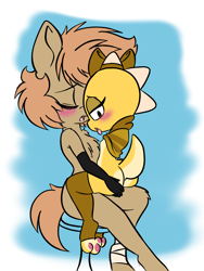 Size: 1536x2048 | Tagged: explicit, artist:steelsoul, oc, oc:himmel, anthro, bandage, banned from derpibooru, blushing, bottomless, bow, clothes, crossover, earth pony, female, gloves, implied penetration, imported from twibooru, kitty (under(her)tale), lolicon, male, monster girl, monster kid, partial nudity, sex, shotacon, socks, straight, underage, undertale